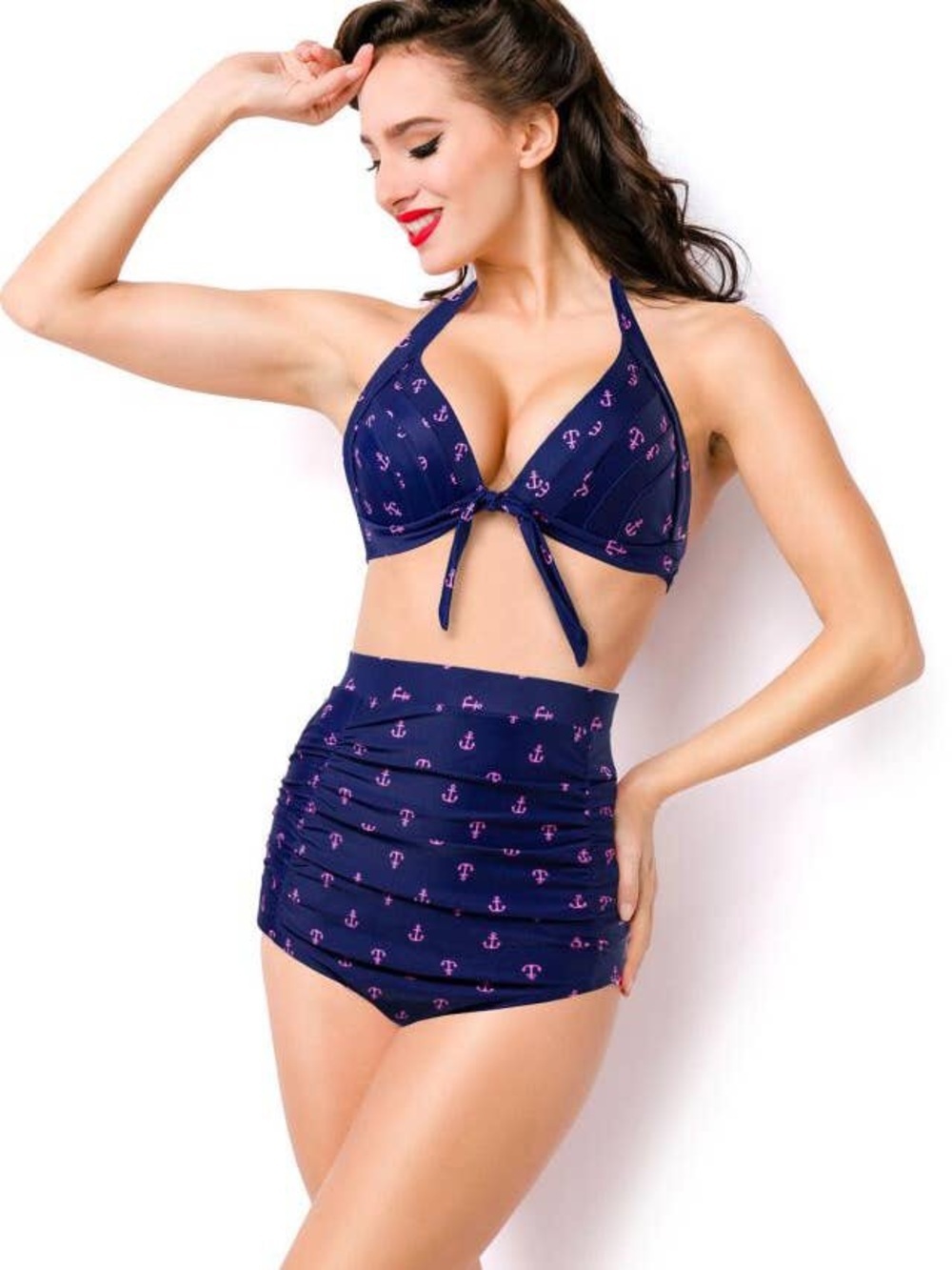 NWOT Retro High Waisted Bikini Set Anchor Print Blue Pink Ruched Size M or L